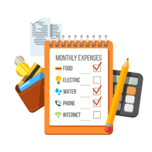 67653581 - monthly expenses planning checklist with receipts, wallet and calculator. flat style vector icon illustration.